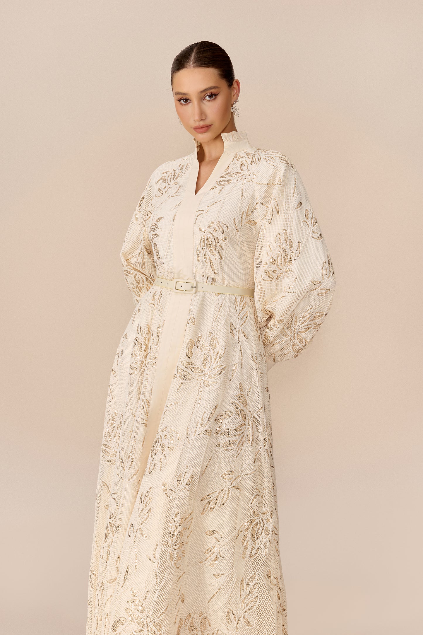 Beige sequin floral maxi dress with stand collar - view 3