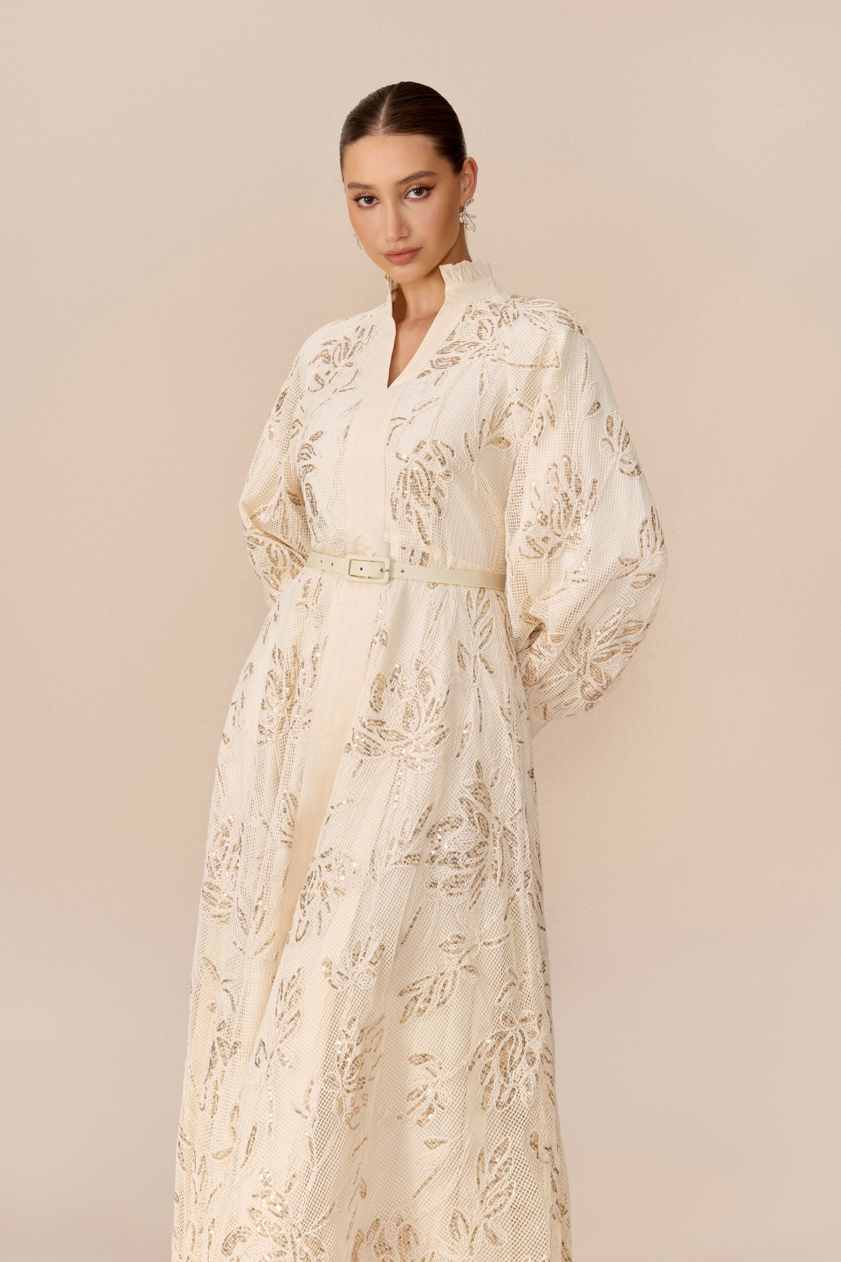 Beige sequin floral maxi dress with stand collar - view 3
