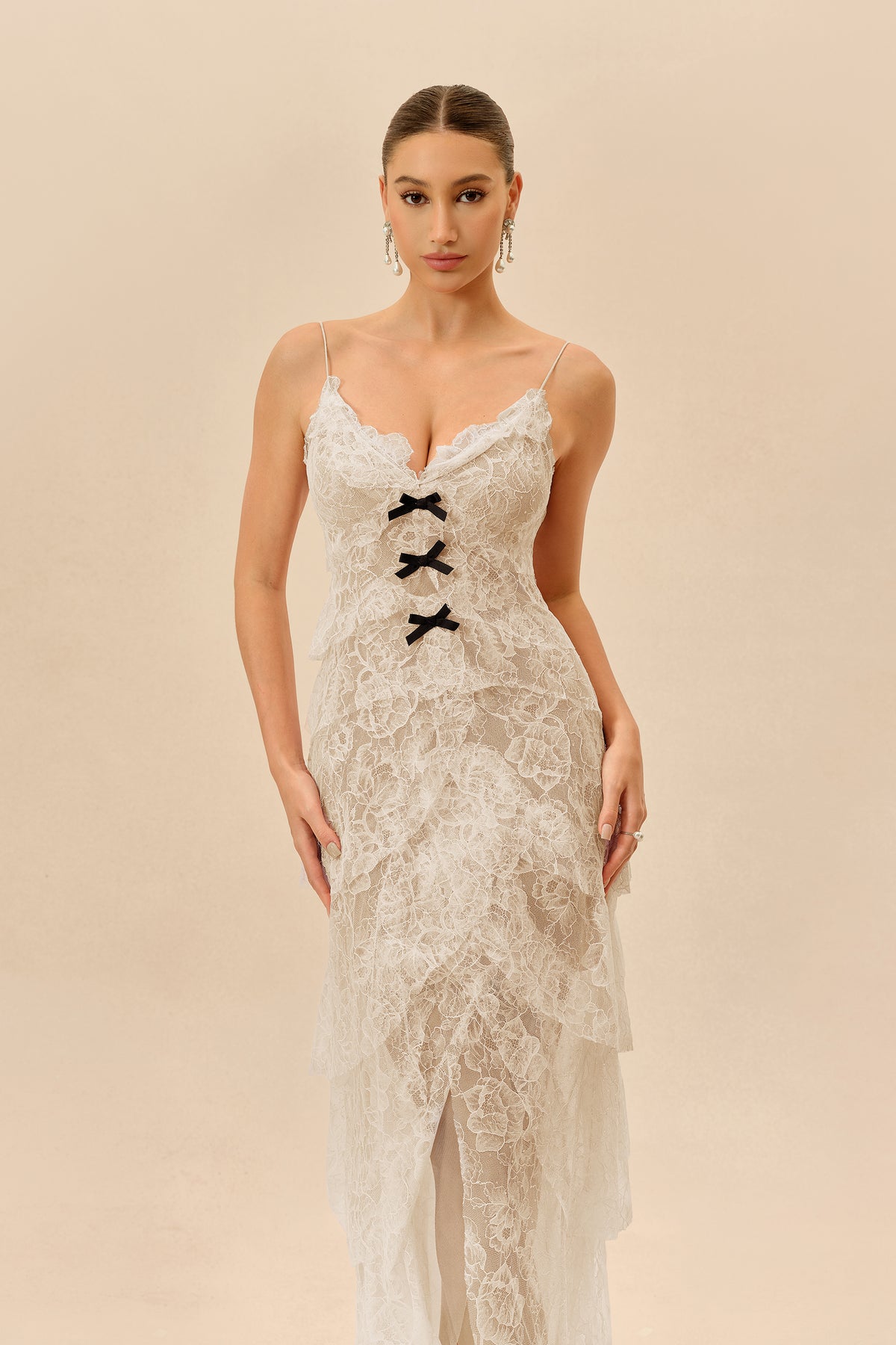 Apricot lace layered-hem maxi dress - view 3