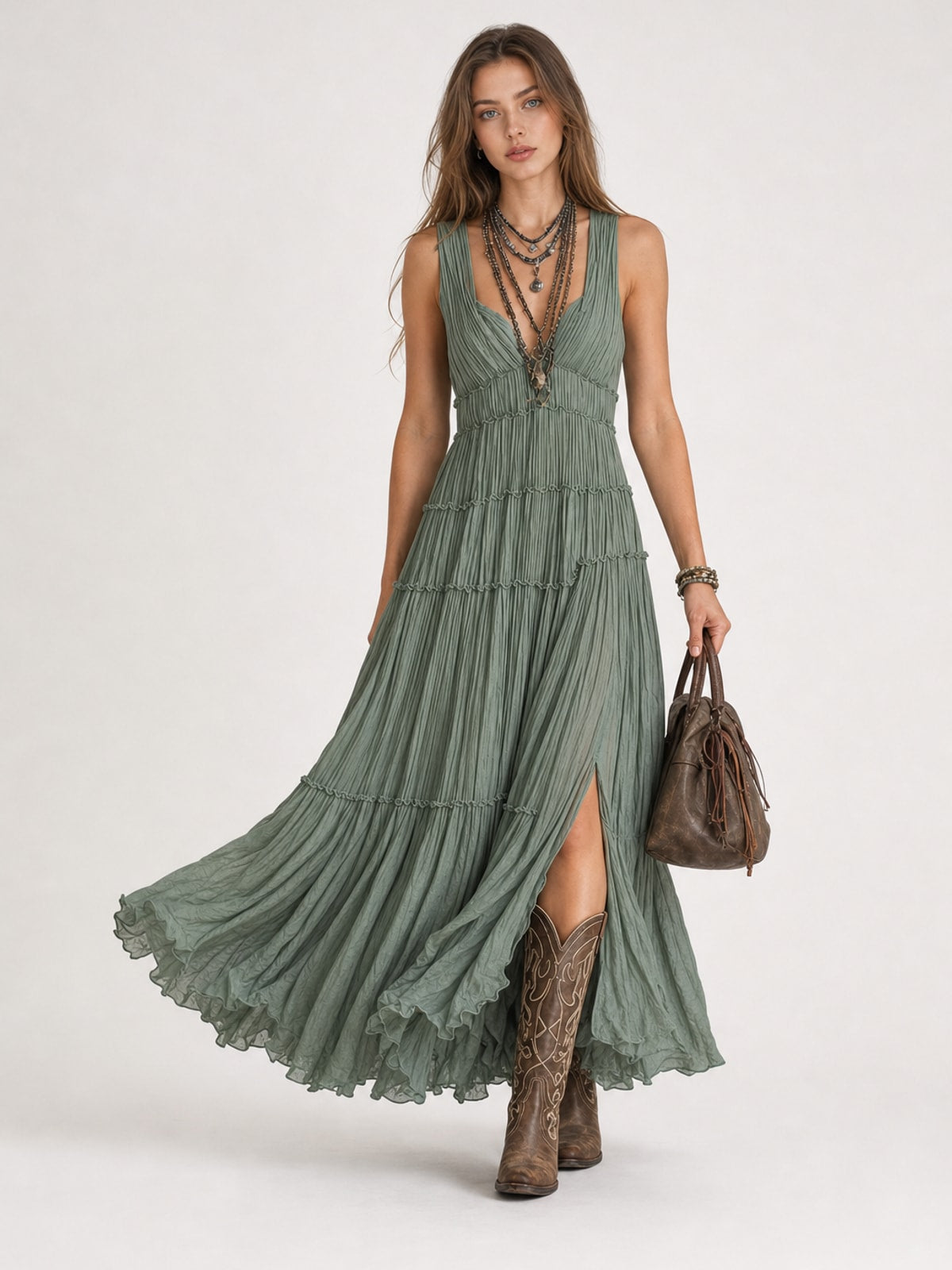 Effortless Pleated V-Neck Maxi Dress With Tiered Skirt - 4