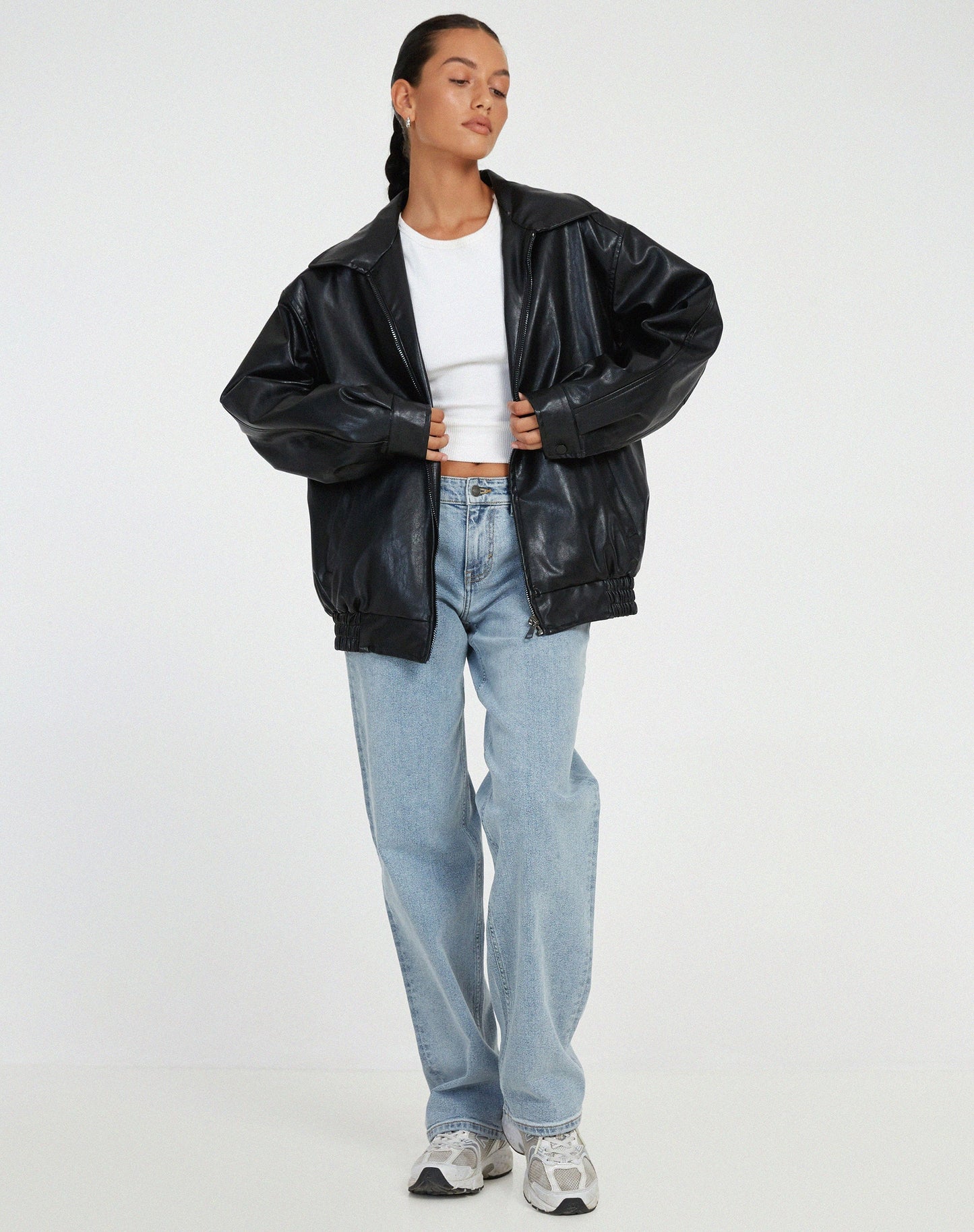 Oversized Collared Faux Leather Jacket - view 11