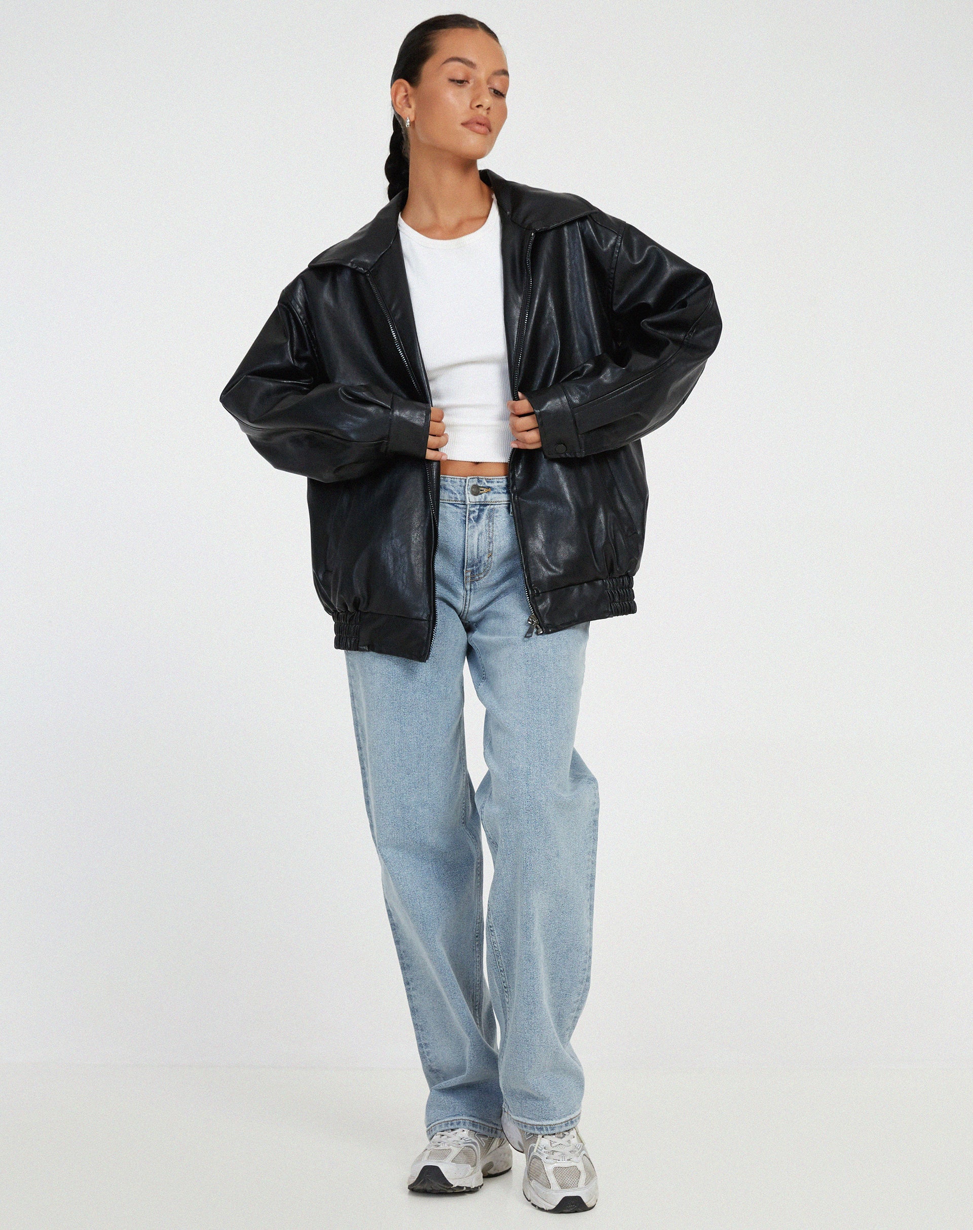 Oversized Collared Faux Leather Jacket - view 11