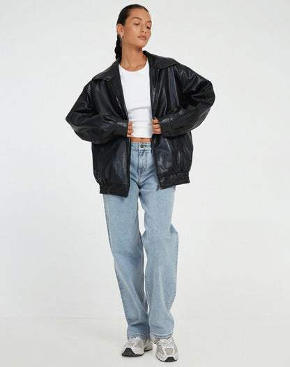 Oversized Collared Faux Leather Jacket - view 11