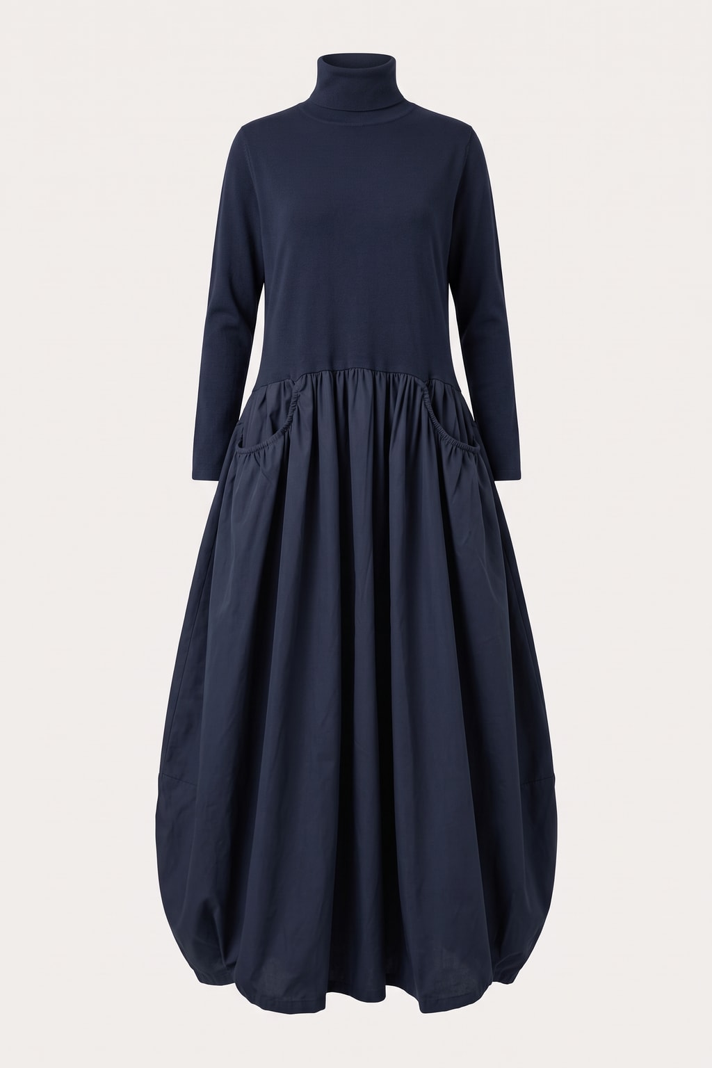 Polyester Maxi Dress With High Neck And Gathered Skirt - 1