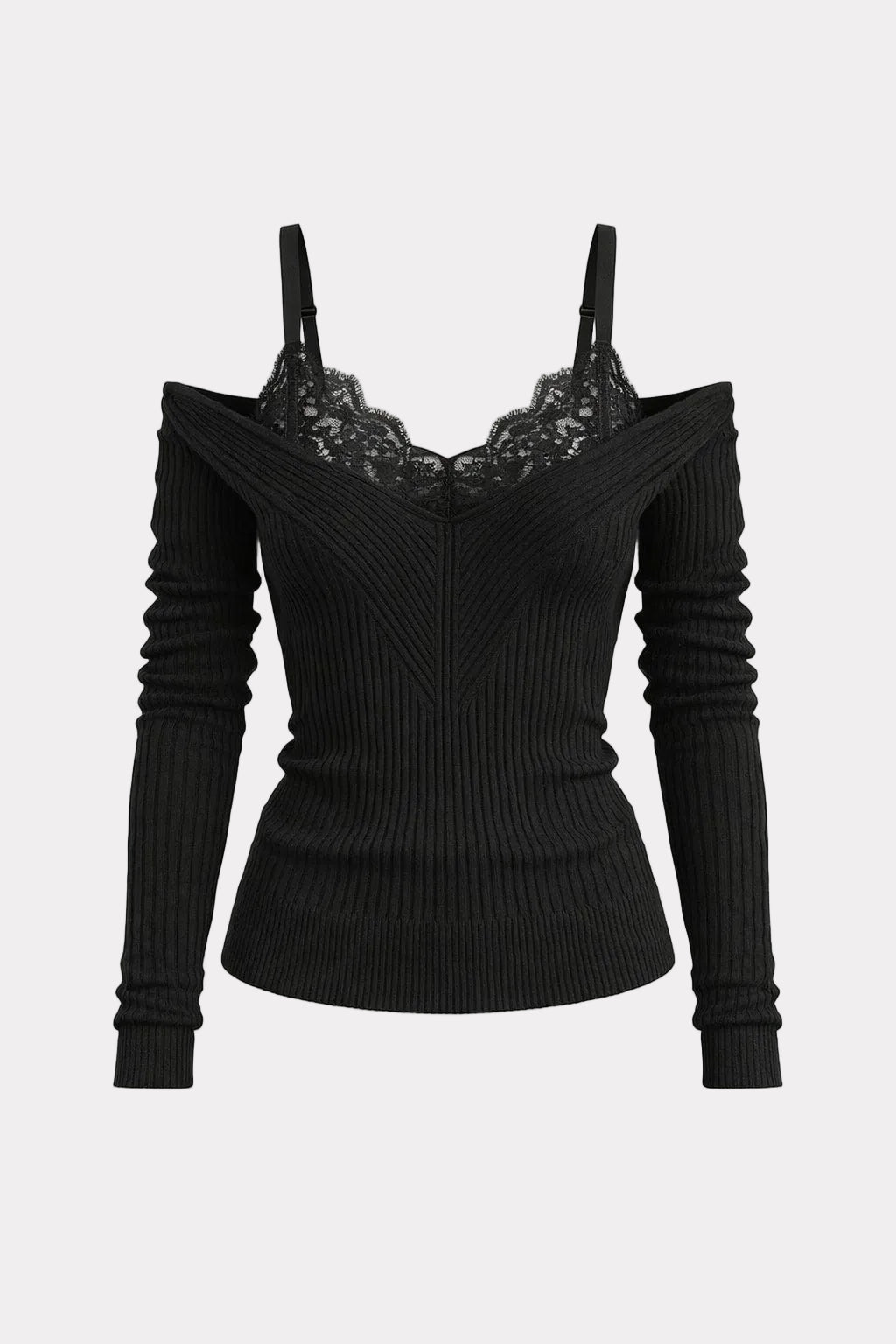 Ribbed Knit Sweater With Off-Shoulder Lace Trim - 1