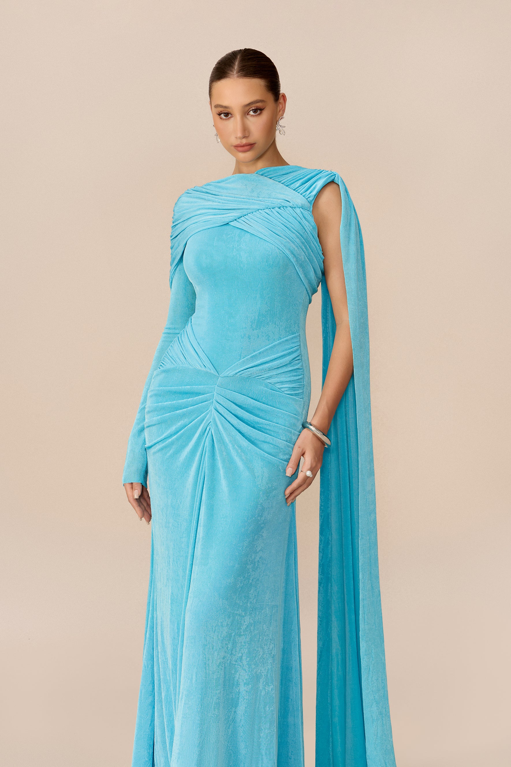 Blue one-sleeve cape maxi dress with draped neckline - view 3