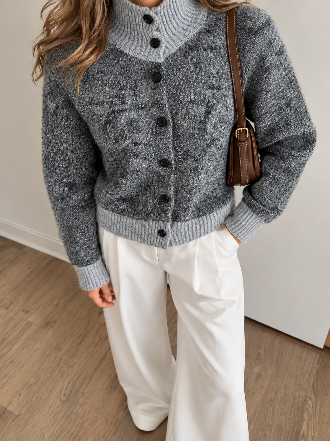 Knit Cardigan Turtleneck Color Block Style - 5