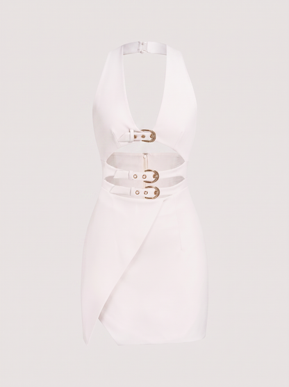 Ivory Metallic Halter Mini Dress with Cut-Out