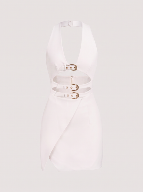 Ivory Metallic Halter Mini Dress with Cut-Out