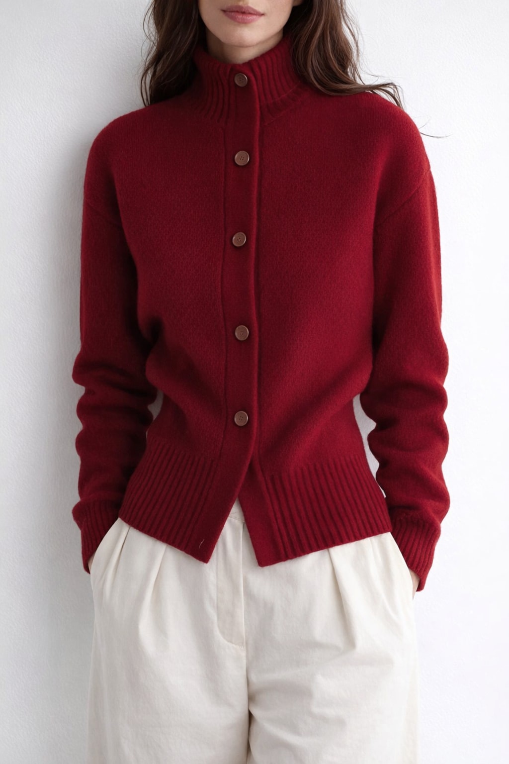 Knitted Cardigan with High-Neck Button Front - 1