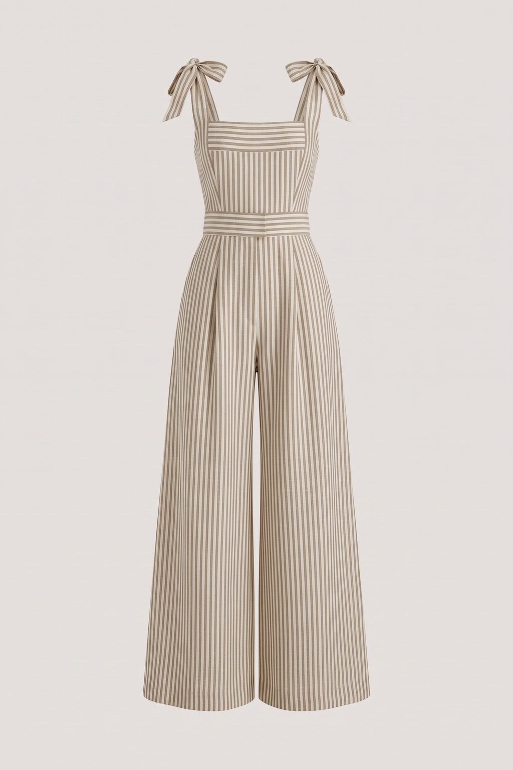 Beige and cream striped linen-blend jumpsuit with tie-shoulder straps, a square neckline, a banded waist and wide legs