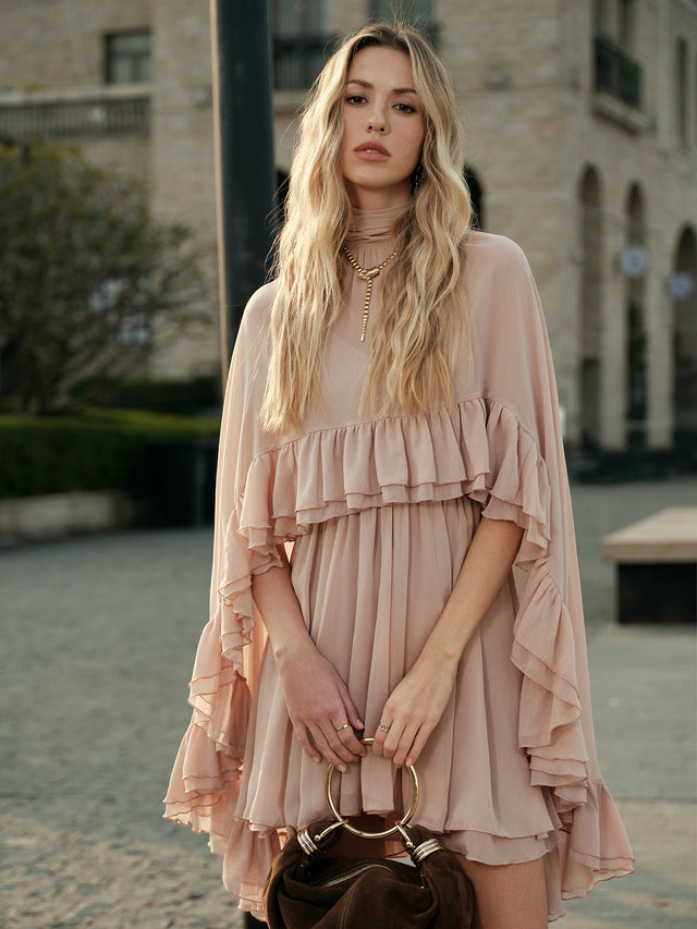 Chiffon Ruffle Mini Dress With Cape Overlay - 9