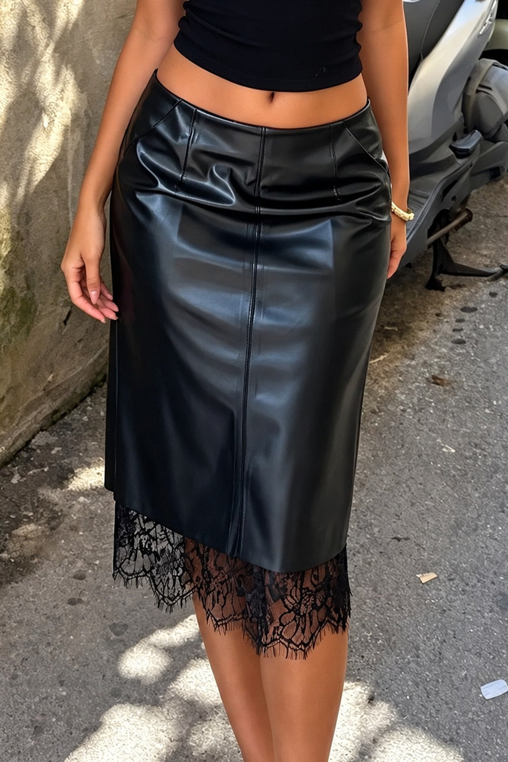 Faux Leather Midi Skirt Lace Hem Streetwear - 6