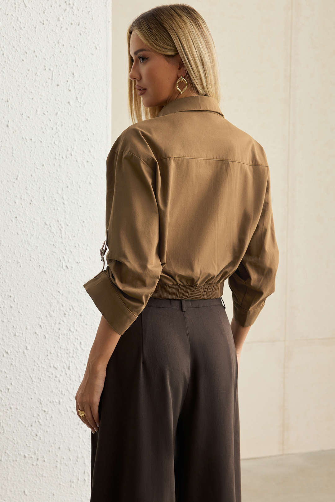 Cotton Twill Ruched Short-Sleeve Shirt - view 4