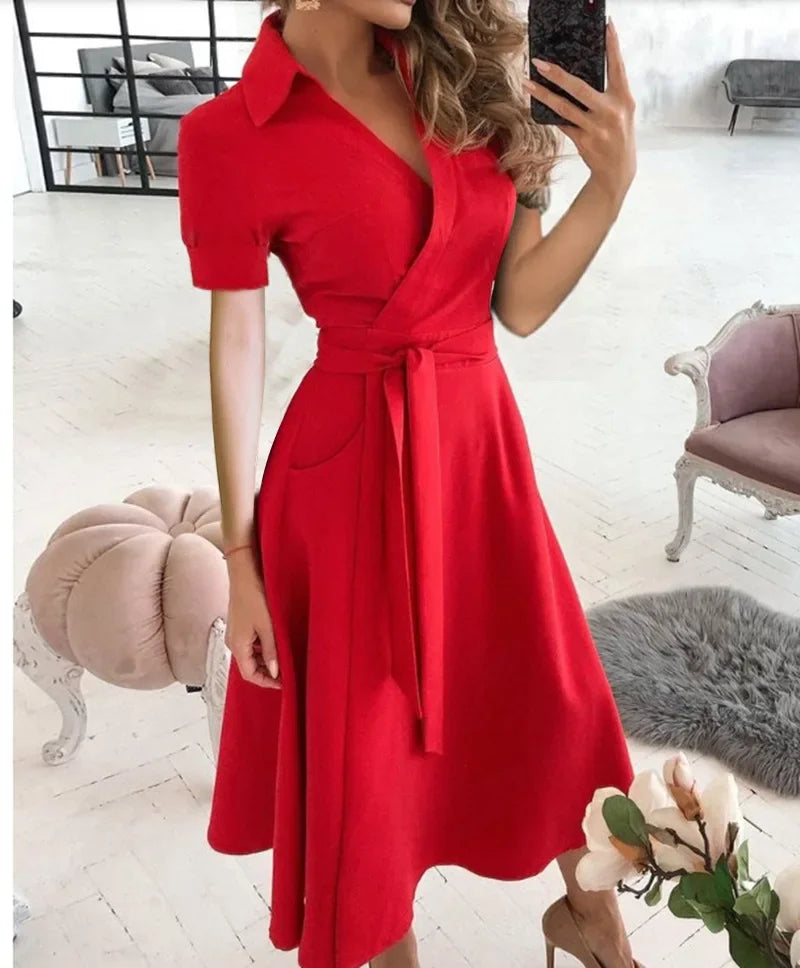 Flowy Wrap Midi Dress with Self-Tie Waist - view 2