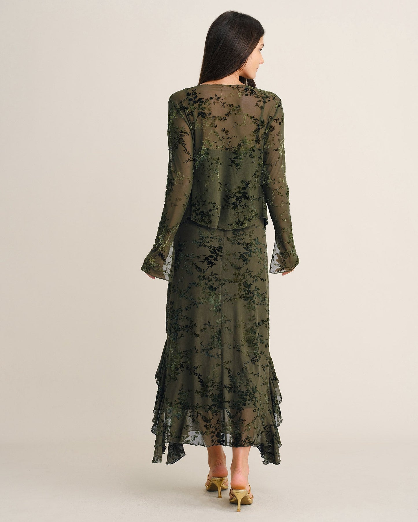 Green Mesh Floral Ruffle Midi Dress - view 3