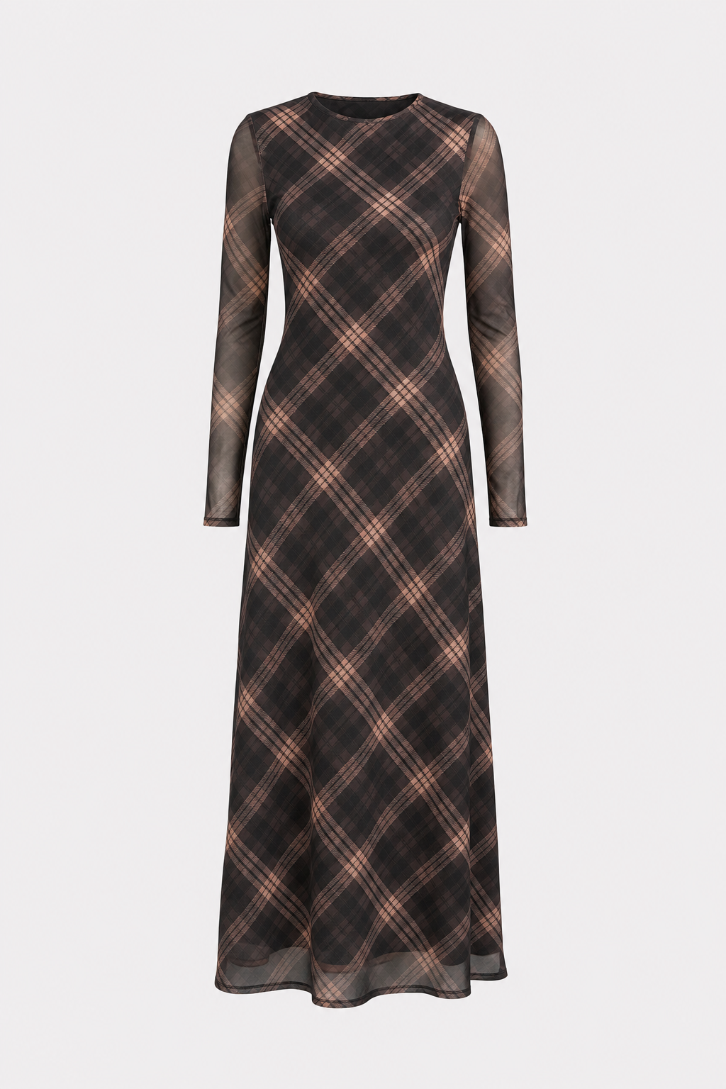 Brown Plaid Mesh Long Sleeve Maxi Dress