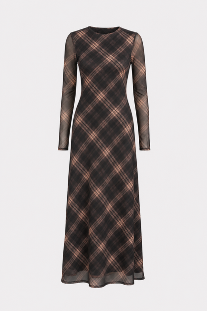 Brown Plaid Mesh Long Sleeve Maxi Dress