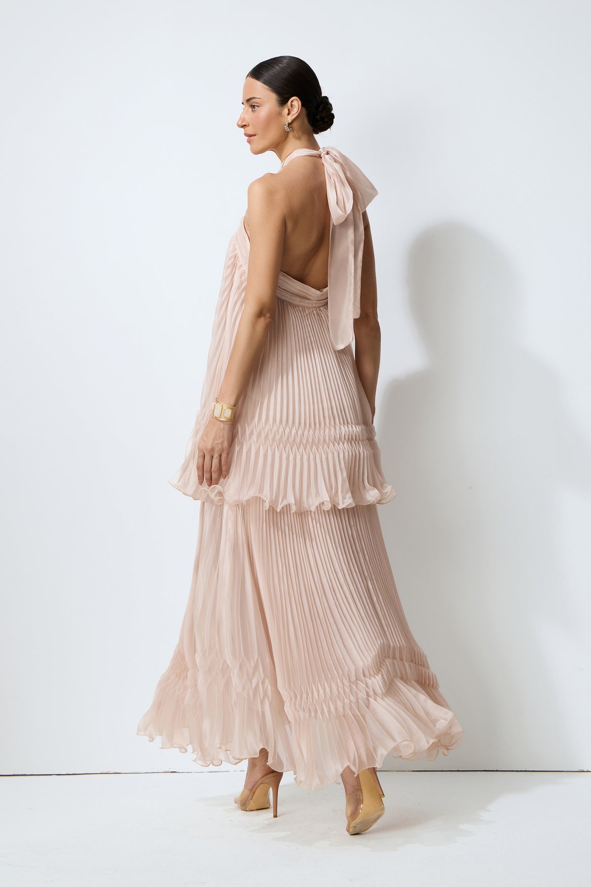 Pink Halter Pleated Maxi Dress With Ruffles - view 4