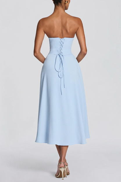 Strapless Lace-Up Pleated Midi Dress - view 4