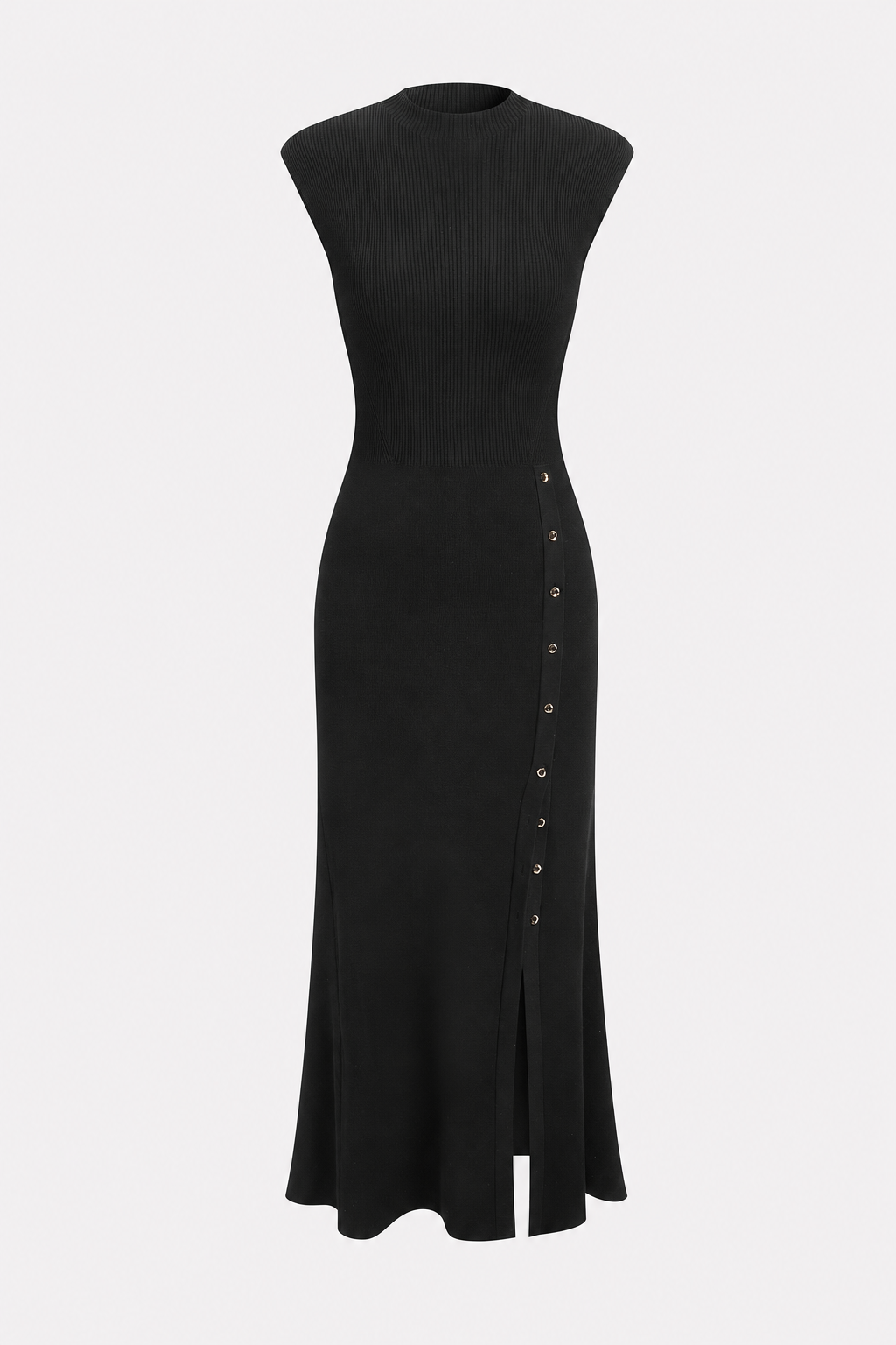 Rib knit maxi dress with cap sleeves and buttons