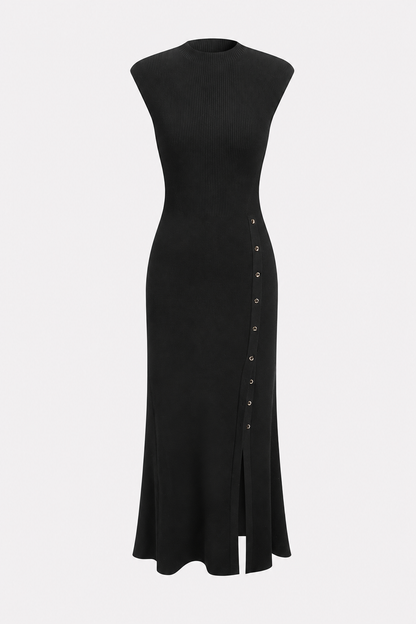 Rib knit maxi dress with cap sleeves and buttons