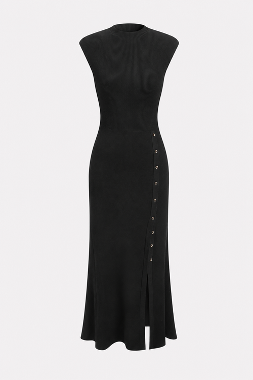 Rib knit maxi dress with cap sleeves and buttons
