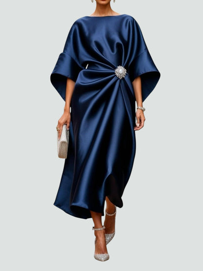 Satin maxi dress with draped cape sleeves - view 7