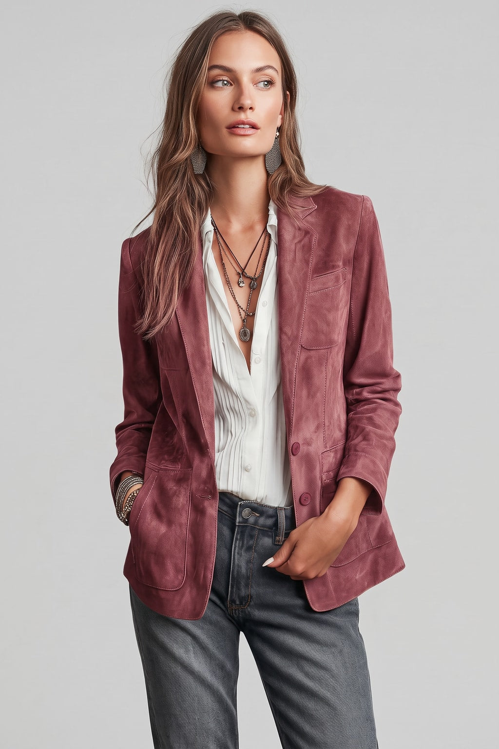 Suede Blazer Tailored Fit Classic Button Front - 4