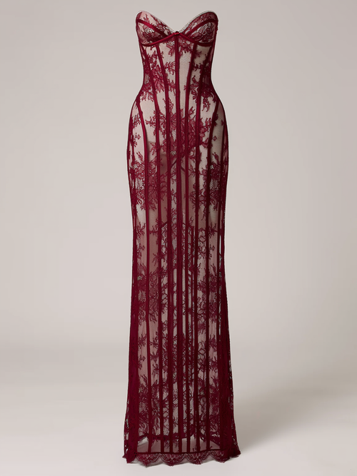 Floral Lace Strapless Maxi Dress with Side Slit