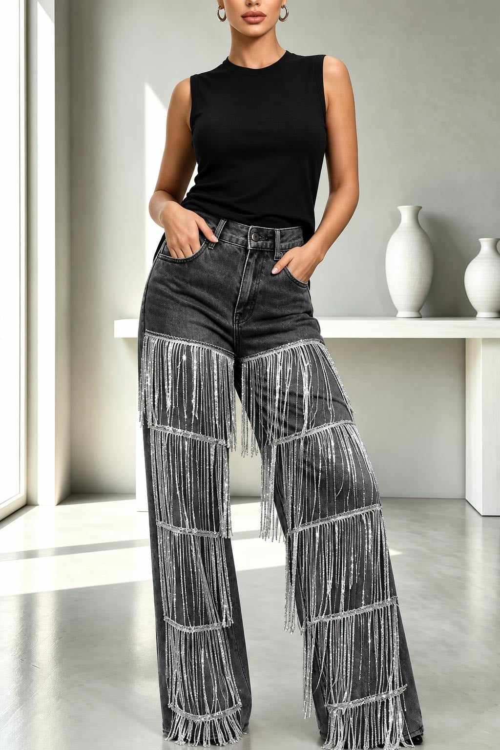 Denim High Rise Wide Leg Jeans With Tassel Detail - 7