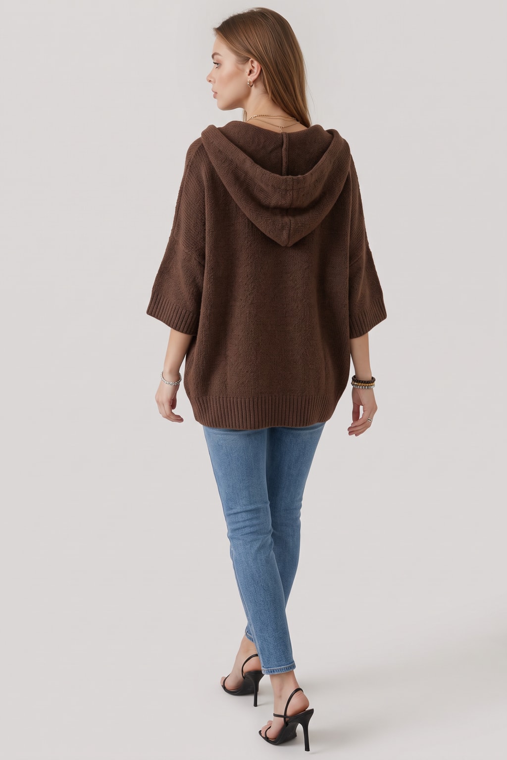 Cozy Knit Cardigan with Hooded Open Front - 3