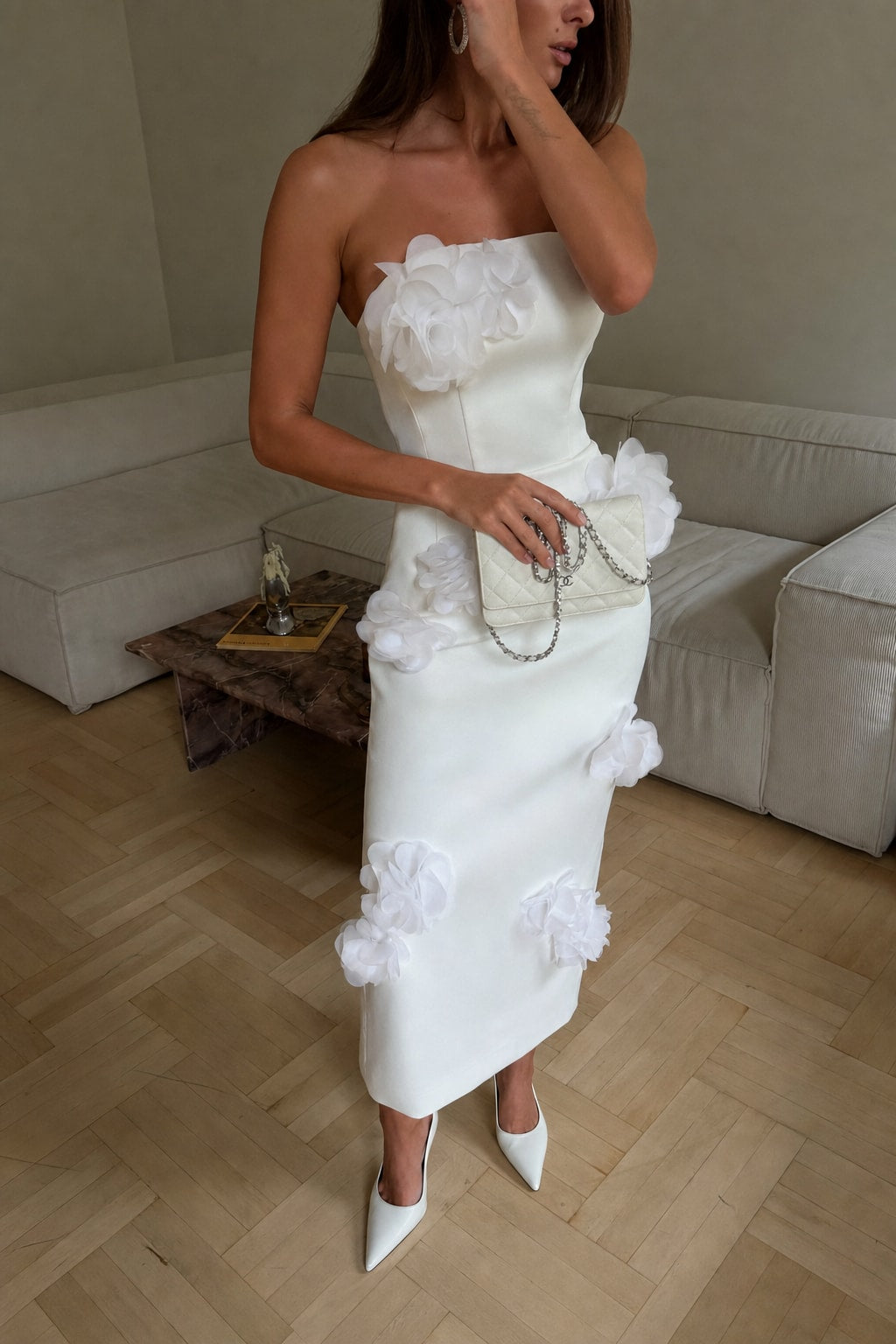 3D Floral Applique Bodycon Midi Wedding Guess Dress - 4