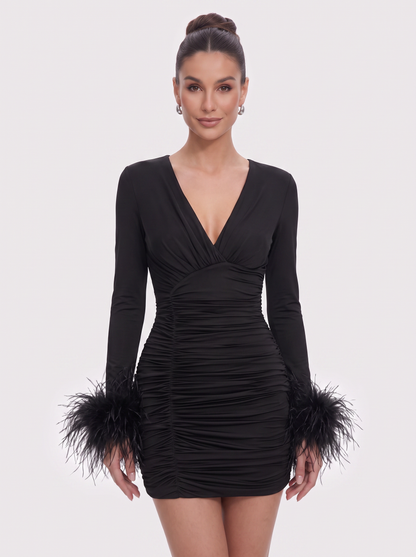 Feather Trim Sleeve Jersey Mini Dress - view 3