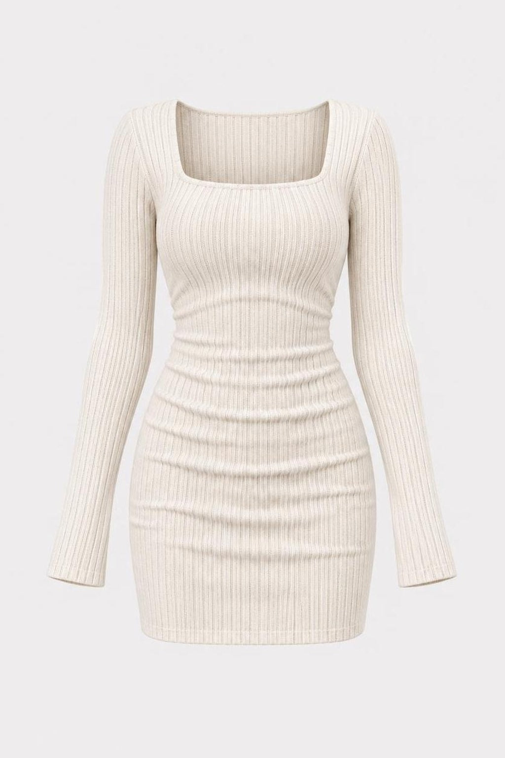 Ribbed Bodycon Mini Dress Square Neck Long Sleeve - 1