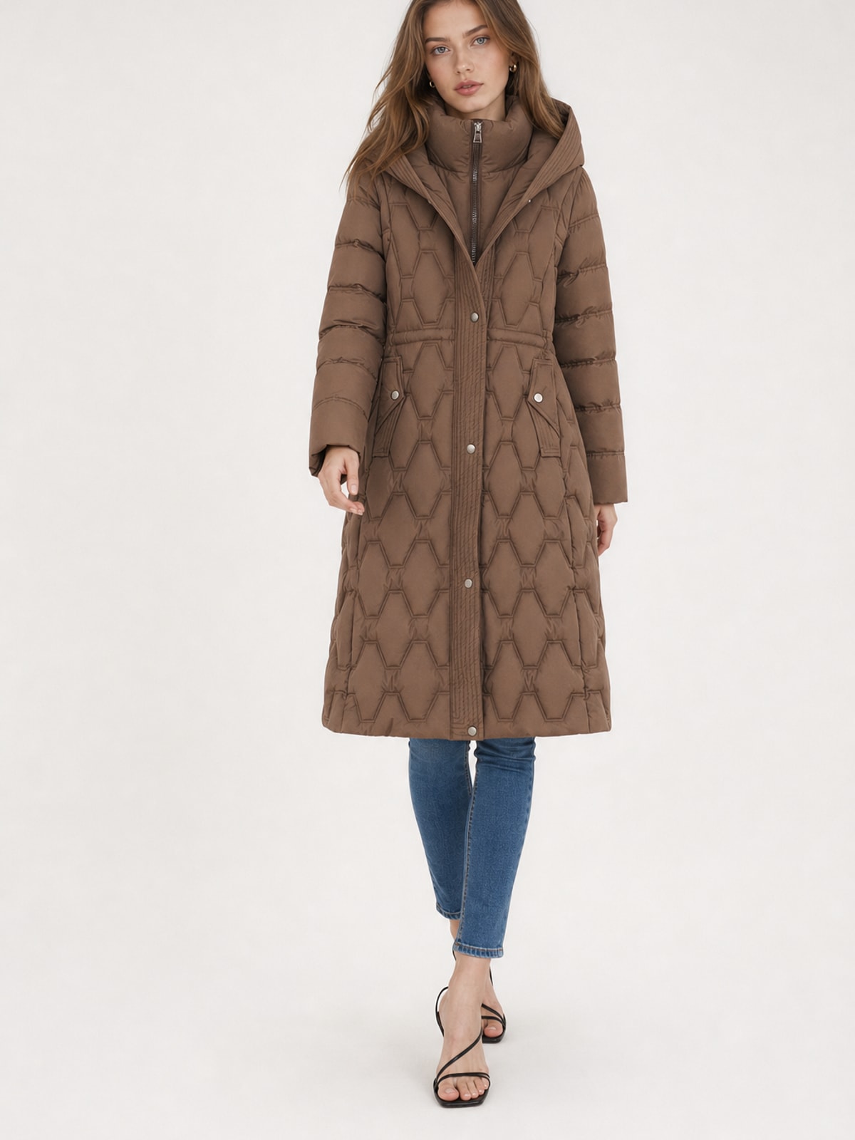 Warm Quilted Longline Puffer Coat With Attached Hood - 4