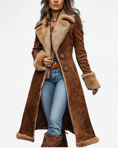 Faux Suede Long Coat with Faux Fur Lining - view 2
