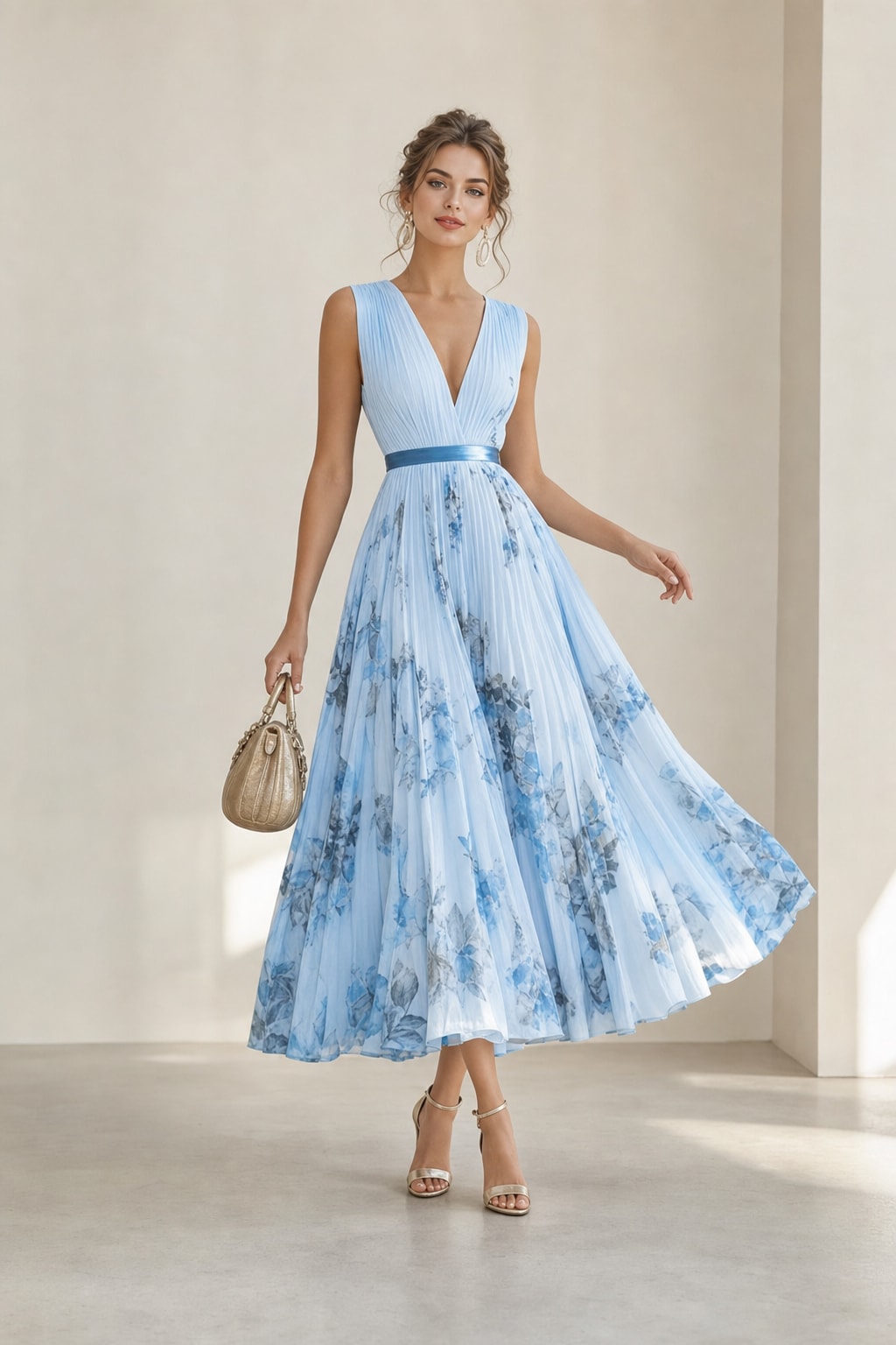 Chiffon Floral Midi Dress A-Line V-Neck Sleeveless - 9