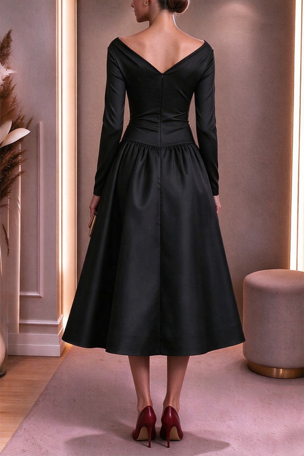 Satin Midi Dress With V-Neck And Flared Skirt - 8