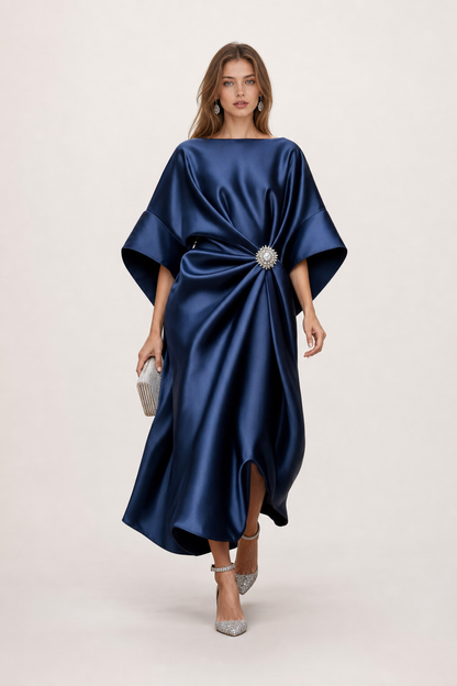 Satin maxi dress with draped cape sleeves - view 2