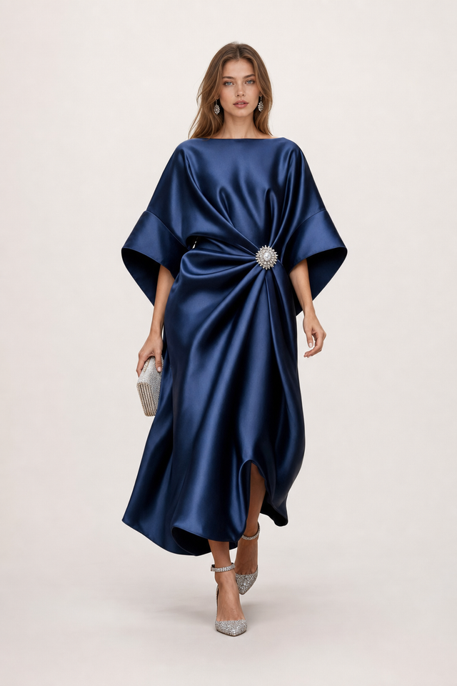 Elegant Satin Maxi Dress With Draped Cape Sleeves - 2