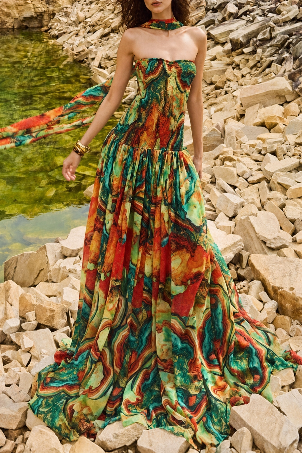 Smocked Off-Shoulder Maxi Dress in Orange - view 4
