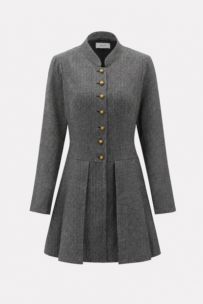 Grey Pleated Button-Front Mini Dress