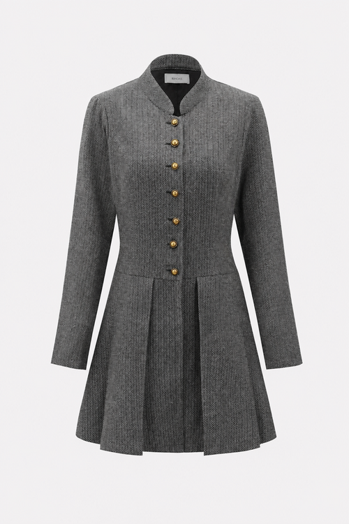 Grey Pleated Button-Front Mini Dress