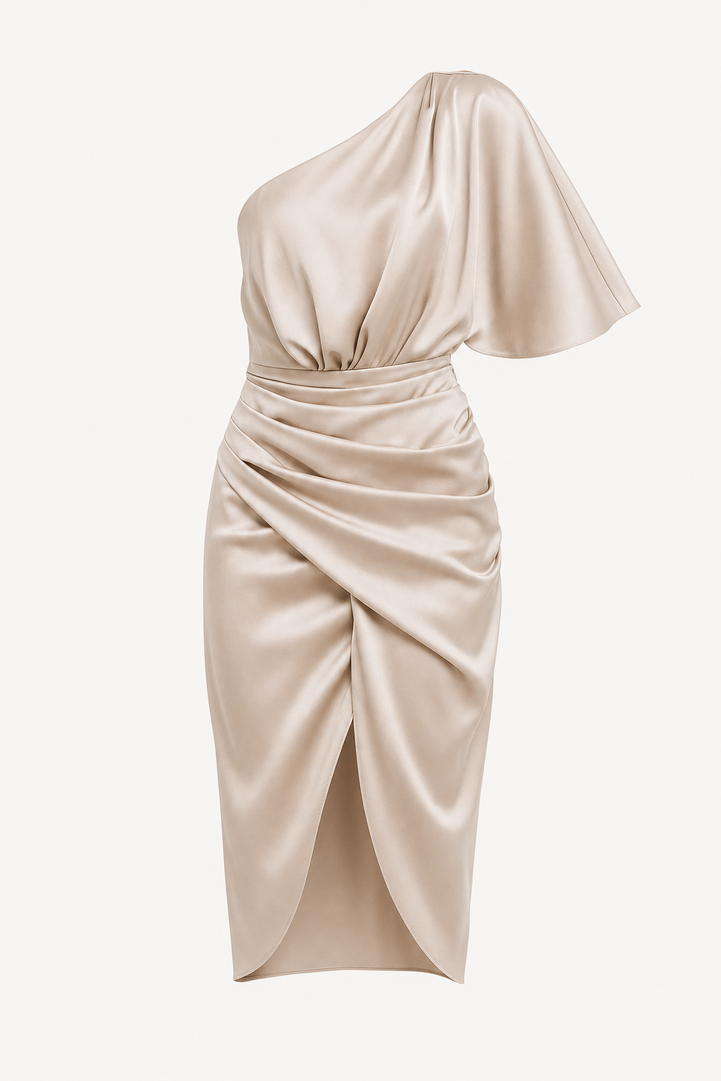 Satin one-shoulder drape midi dress