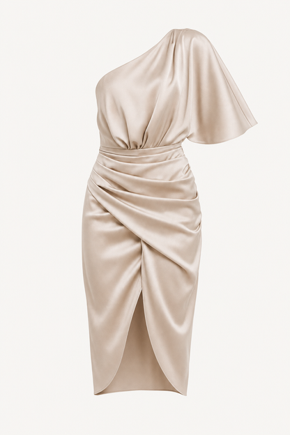 Satin one-shoulder drape midi dress