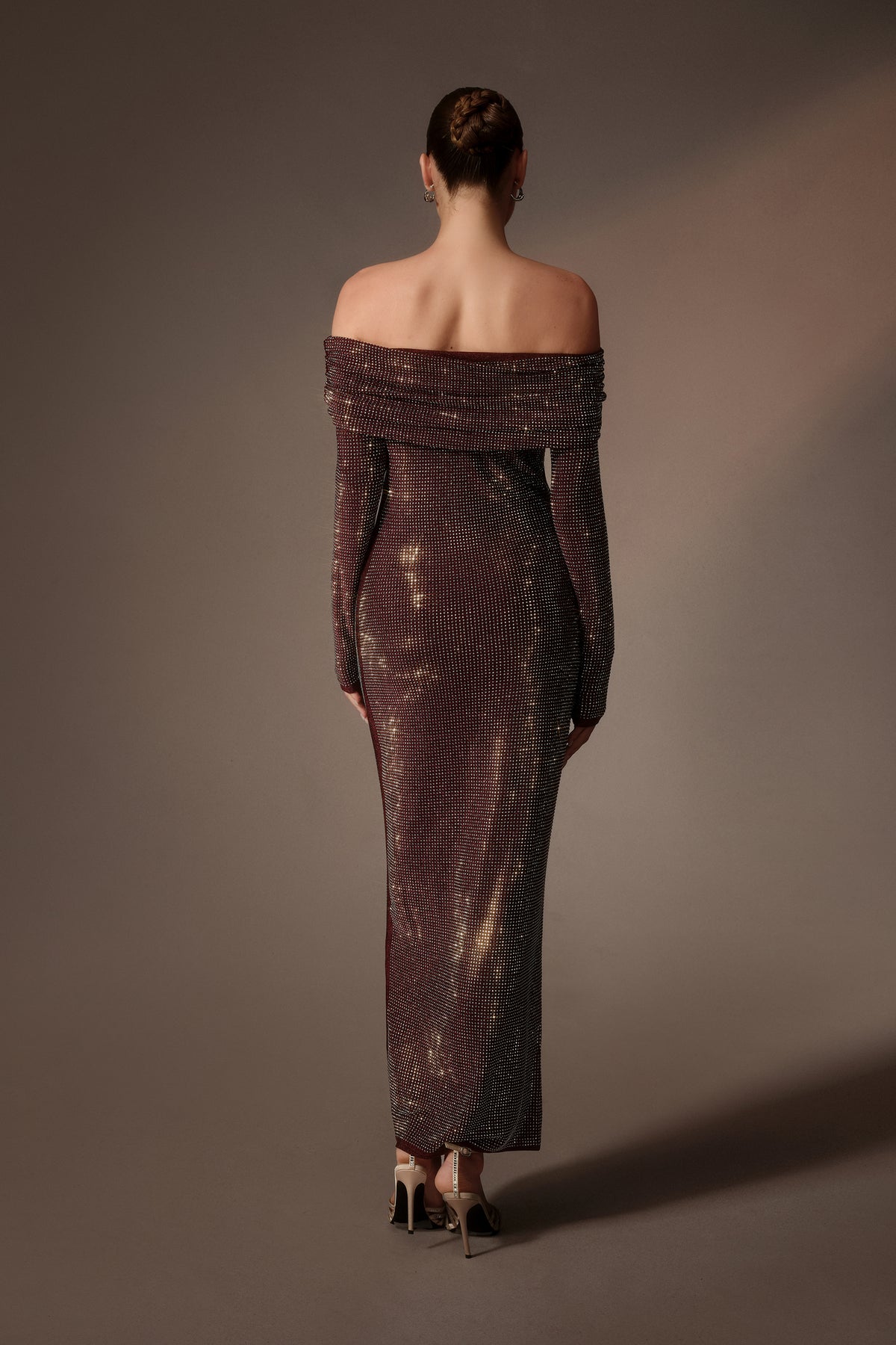 Burgundy rhinestone mesh off-shoulder maxi dress - view 4