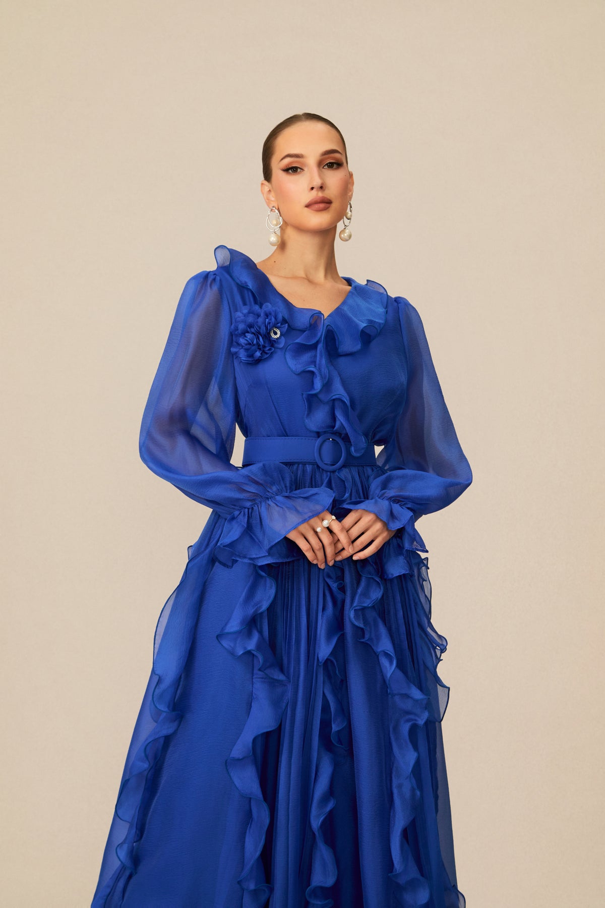 Cobalt Blue Ruffle Trim Maxi Dress with V-Neck - view 3