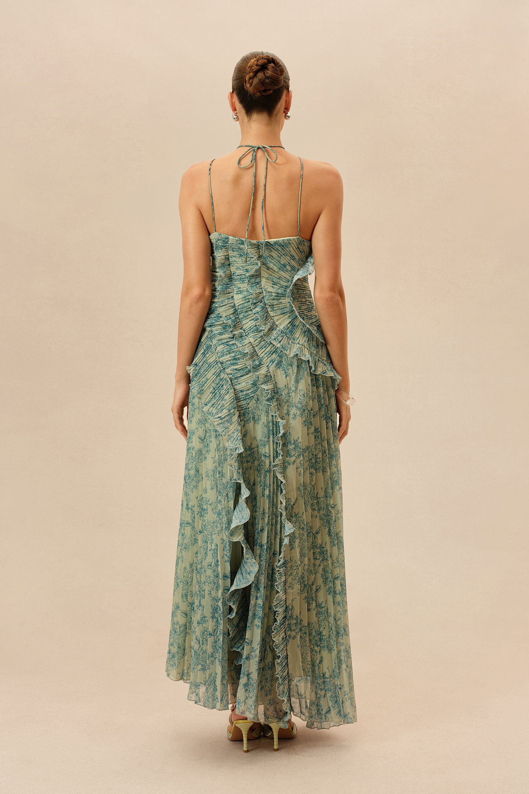 Dark Green Floral Halter Chiffon Maxi Dress - view 4