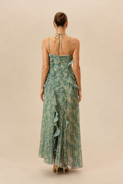 Dark Green Floral Halter Chiffon Maxi Dress - view 4